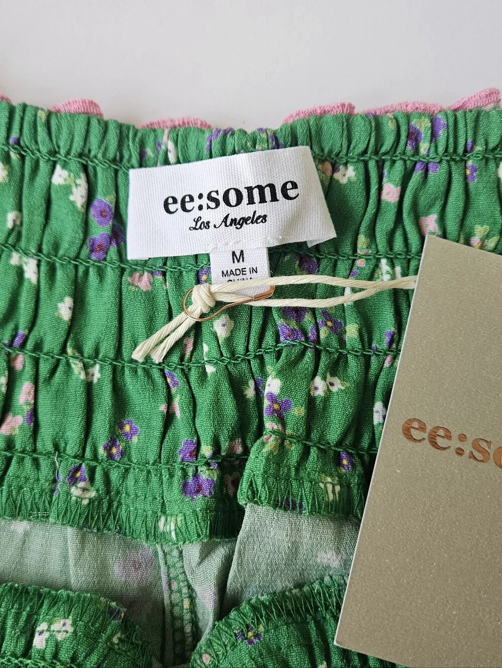 ee:some Floral 2 Piece Set Medium Green Tank Top Shorts Lace Trim Cottagecore